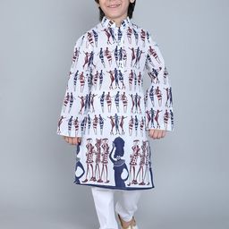 Little Clothings Boys Ethnic Printed Mandarin Collar Pure Cotton Kurta with Churidar-image-28