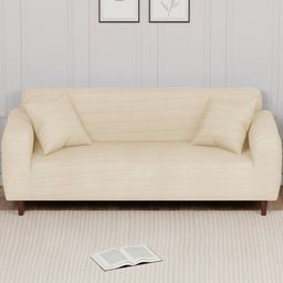 Lukzer Cream-Coloured Printed Jacquard 1 Piece Sofa Cover With Arms-image-41