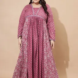 KALINI Plus Size Floral Printed Square Neck Empire Anarkali Pure Cotton Kurta-picture-38