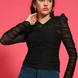 Oxolloxo Women Solid Puff Sleeve Georgette Gather Pleated Semi Sheer Fitted Top-46
