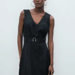 MANGO V-Neck Pure Linen Fit and Flare Belted Midi Dress-image-87