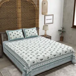 CLOTHOLOGY Green & White Floral 180 TC King Bedsheet with 2 Pillow Covers-image-46