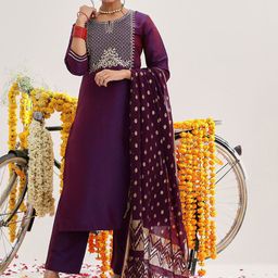 Varanga Floral Yoke Design Thread Work Kurta With Trousers & Dupatta-picture-58