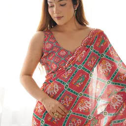 Kalista Ethnic Motifs Printed Embroidered Mirror Work Pure Chiffon Saree-14