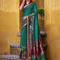 LOOKNBOOK ART Women Teal Chanderi Kalamkari Printed With Zari Weaving Polyester Sarees-picture-40