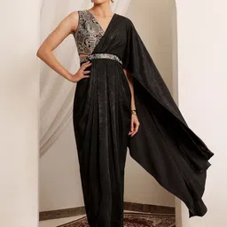 Miss Chase Womens Black V-Neck Asymmetric Embroidered Draped Satin Maxi Dress-image-14