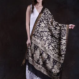 Exotic India Floral Printed Kalamkari Dupatta From Telangana With Zari Woven Border-picture-31