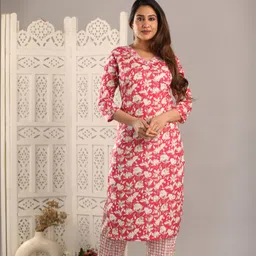 Angvarnika Women Floral Embroidered Regular Mirror Work Pure Cotton Kurta with Trousers-picture-23