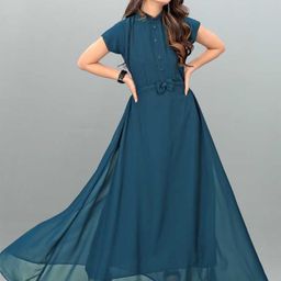 Krunal Raiyani Solid Applique Georgette Mock Neck Cap Sleeves Maxi Dress-picture-23