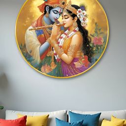 SAF Gold-Toned & Green Radha Krishna Round Wooden Religious Wall Art-61
