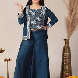 Sangria Girls Embroidered Shoulder Straps Crop Top With Palazzos & Shrug-image-93