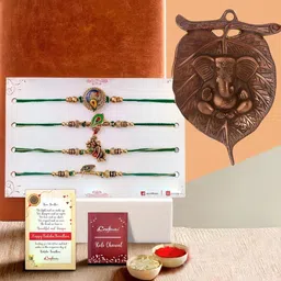 eCraftIndia Set Of 4 Rakhi With Wall Hanging & Greeting Card & Roli Chawal Gift Set-image-28