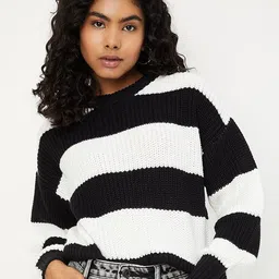 max Women Striped Open Knit Pullover Sweaters-image-74