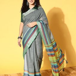 HERE&NOW Striped Printed Pure Linen Saree-picture-28
