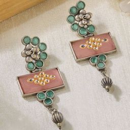 Priyaasi Silver Plated Contemporary Oxidized Kundan Stone Studded Drop Earrings-0