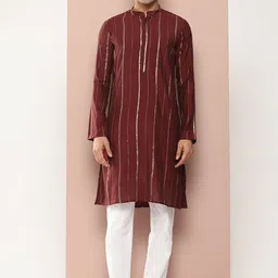 See Designs Striped Embroidered Mandarin Collar Sequinned Pure Chanderi Silk Kurta-picture-5