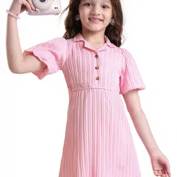 Hola Bonita Girls Self Design Puff Sleeves Lapel Notch Shirt Dress-image-74