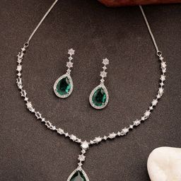 Anouk Women Silver-Plated Green American Diamond-Studded Handcrafted Jewellery Set-91