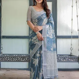 SGF11 Floral Printed Pure Linen Saree-picture-46