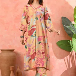 Sangria Floral Printed Pleated Sequinned Work V-Neck A-Line Kurta With Trousers-28