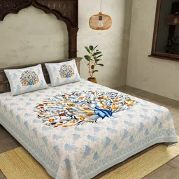 COLOURSBLOCK White & Blue Floral Printed 144 TC Cotton King Bedsheet Set 2.35 m x 2.70 m-image-14