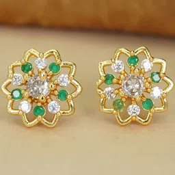 Anouk Women Gold Plated Floral With Green And White Artificial Stones Studs Earrings-6