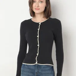Vero Moda Women Ribbed Cotton Cardigan With Button Detailed-image-12