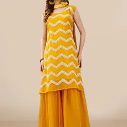 PARROT CREATION Women Embroidered Regular Sequinned Kurti with Sharara & With Dupatta-image-30