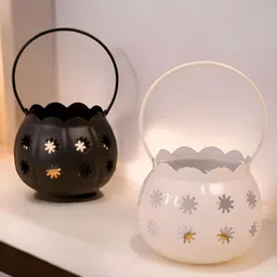 Aapno Rajasthan White 2 Pcs Decorative Metal Lanterns with Floral Cutouts Table Lamps-37