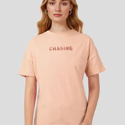 Mast & Harbour Women Typography Printed Drop-Shoulder Sleeves Pure Cotton T-shirt-image-58