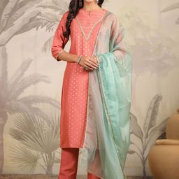KALINI Floral Woven Design Notch Neck Gotta Patti Straight Kurta With Trousers-53
