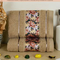 Myntra Elegant Homes 2 pieces Beige & Green Printed Pure Cotton 450 GSM Hand Towels-16