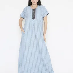 NIGHTSPREE Women Striped V Neck Short Sleeves Maxi Nightdress-picture-25