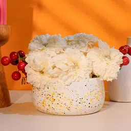 VoiDrop White & Yellow Printed Round Handi Flower Planter With Pot Drainage Hole-35