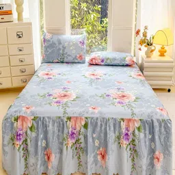 JC HOME Blue & Peach Colored Floral Printed 140 TC King Bedsheet Set 2 m x 1.8 m-8