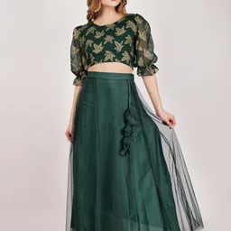Frolic Rolic Floral Foil Printed Puff Sleeves Ready to Wear Lehenga & Blouse-image-20
