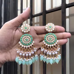 Anouk Gold-Plated Artificial Stones Studded & Beaded Circular Shaped Drop Earrings image 2