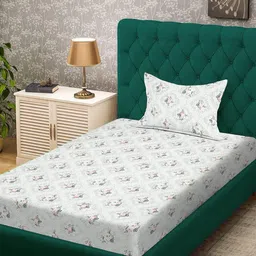 KLOTTHE Cream-Coloured & Pink Floral Single Bedsheet with 1 Pillow Covers-image-13