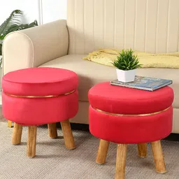 NACIA 2 Piece Red Round Shape Wooden Ottomans-image-1