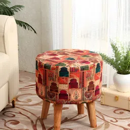 NACIA Red & Beige PrintedWooden & Velvet Round Ottoman-image-48