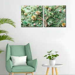 OLIVE TREE Green & Brown 2 Pieces Floral Wooden & Canvas Wall Arts-image-91