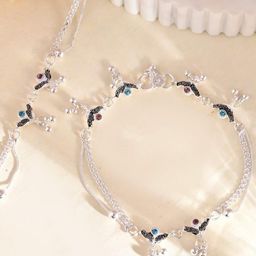 DIVASTRI Set Of 2 Sttainless Steel Silver-Plated Artificial Stones Beaded Anklet-image-29