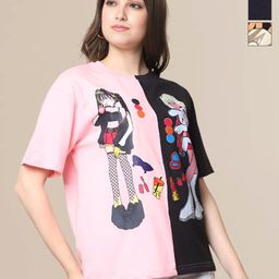 Mast & Harbour Pack Of 3 Graphic Printed Round Neck Oversized Cotton T-shirts-image-64