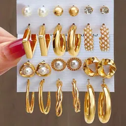 GOLDIWALA Set of 24 Gold-Plated Contemporary Shaped Pearls Hoop Earrings-27