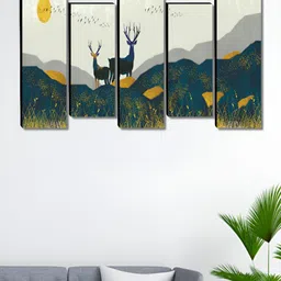 SAF Green & Black 5 Pieces Deer Printed Wooden Wall Arts-image-7