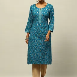 Rangriti Geometric Woven Design Round Neck Three Quarter Sleeves Straight Kurta-picture-29