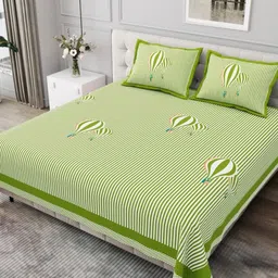 JAIPUR FABRIC Green & Cream Striped Cotton 254 TC King Bedsheet Set 2.74m x 2.28m-image-86