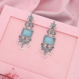 Anouk Silver-Plated Stones Studded & Pearls Beaded Contemporary Oxidized Drop Earrings-11