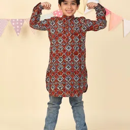 Fabindia Boys Kalamkari Ethnic Motifs Printed Band Collar Cotton Straight Kurta-picture-28