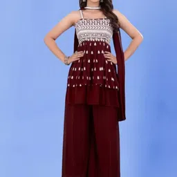 PARROT CREATION Women Embroidered Regular Sequinned Kurti with Sharara & With Dupatta-image-89